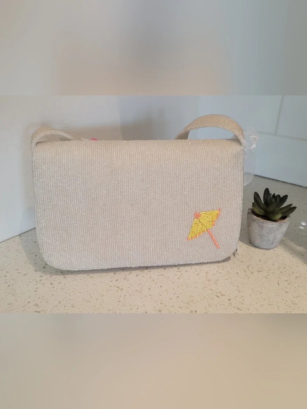 Hand-Beaded White Bag with Colorful Fruit Embroidery